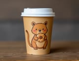 FLUX-00398-Cardboard coffee cup with printing of cartoony Australian brown color scheme round cheeks long tail small adorable quokka, Plastic lid, quokka is holding donut
