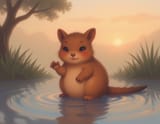 FLUX-00399-Pond at morning sunrise, cartoony Australian brown color scheme round cheeks long tail small adorable quokka waving paw at viewer, mistywallpaper,soft pastel tones
