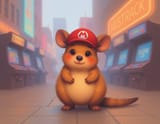 FLUX-00400-city neon arcade machines in the background, cartoony Australian brown color scheme round cheeks long tail small adorable quokka wearing Mario hat, mistywallpaper,soft pastel tones