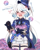 gelbooru.com 9206531 gt_lt 1girl ahoge anger_vein blue_hair blush bullying coat furina_(genshin_impact) full