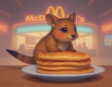 FLUX-00401-McDonald&#039;s futuristic burger joint background, cartoony Australian brown color scheme round cheeks long tail small adorable quokka behind large plate of pancakes, mistywallpaper,soft pastel tones