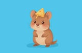 FLUX-00403-mj painterly FLUX Quokka wearing pice of cheese hat on head, The background is a vibrant blue, and there is a shadow of quokka head on the right side of the image