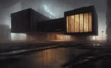 Exterior wide angle shot painting cyberpunk brutalist architecture House warmly lit windows neon lights  Peter zumthor James Turrell Greg Rutkowski Craig Mullins Dark atmospheric sad cinematic