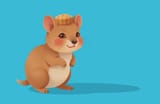 mj painterly, An animated image ofAustralian brown color scheme round cheeks long tail small adorable quokka. Quokka&#039;s eyes are a darker shade of brown. is wearing pice of muffin on head. The background is a vibrant blue, and there is a shadow of quo