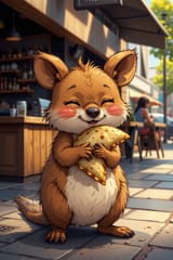 FLUX-00406-An animated image of Australian brown color scheme round cheeks long tail small adorable quokka. Hugging empanada, small local coffee shop interior, sunny city background