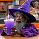 1980s tv sitcom scene of a black midget dressed like a wizard with robe and wizard hat holding a pur