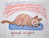 FLUX-00411-crayon style, FLUX Quokka sleeping on comfy bed closed eyes laying down, the word %22good night%22 is written at the bottom of the page