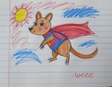 FLUX-00412-crayon style, FLUX Quokka wearing superman costume flying through sky in midair, the word weee us written at the bottom of the page