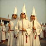 korean klan girls in white tunics, pointy hat capirote, semana santa, by jun suemi