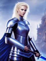 00046-73550815-Painting of a woman (knight) in ((armor)) holding a ((sword)). ((blonde hair)). ((blue eyes)). Feminine ((Perfect Face)). ((Deta