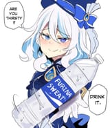 gelbooru.com 9057065 1girl absurdres blue_eyes blue_hat bottle commentary english_text furina_(genshin_impact) full
