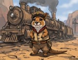 FLUX-00423-Cute australian brown color scheme fat cheeks long tail small adorable quokka with wearing train conductor attire with large crazy designed and twisted giant train in the background, StoryboardSketchZRX