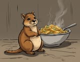 Cute australian brown color scheme fat cheeks long tail small adorable quokka in front of a giant bowl of pasta, StoryboardSketchZRX