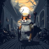 hamster, looking at viewer, cape, backpack, utility belt with supplies, holding a wood staff in hand, abandoned graveyard, veins, foliage, graveyard overgrown with nature, thick fog, sunset, sunset visual effects,,