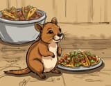 FLUX-00426-Cute australian brown color scheme fat cheeks long tail small adorable quokka in front of a giant plate of tacos, StoryboardSketchZRX