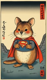 FLUX-00433-Ukiyo-e woodblock Style, FLUX Quokka, wearing superman costume, the word %22rocker%22 is scribbled with ink