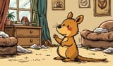 FLUX-00435-Charles Schulz Comic. Australian brown color scheme round cheeks long tail small adorable quokka waving paw at viewer, comfy homely interior, messy room backdrop.PNG