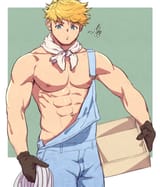 granblue fantasy --vane (granblue fantasy) --1boy --alternate costume --bangs --bara --blonde hair --blush --chest --gakki (gaku suru) --gloves --green eyes --male focus --muscle --music --pectorals --singing --solo --toned --toned male --undres