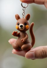 FLUX-00436-Plastic keychain of Australian brown color scheme round cheeks long tail small adorable quokka waving paw at viewer