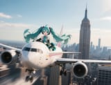 Hatsune Miku piloting a 767 with the empire State 