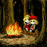 2girls, {{{chibi}}}, aki shizuha, aki minoriko, touhou, sitting on stump, autumn s-154109758