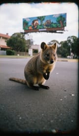 FLUX-00438-VGA lost footage style, Australian brown fur round cheeks long tail small adorable quokka in the middle of street with Minecraft billboard in the background