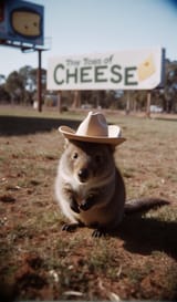 FLUX-00438-VGA lost footage style, Australian brown fur round cheeks long tail small adorable quokka wearing cowboy hat in the middle of rural farm with cheese billboard in the background.PNG