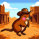 FLUX-00439-HD photograph of high-quality detailed pixel art [Australian brown color scheme round cheeks long tail small adorable quokka wearing cowboy hat], old western town backdrop, PC-98 screenshot, PC-98.PNG