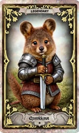 FLUX-00440-A textured Legendary hologram trading card with an image of Australian brown color scheme round cheeks long tail small adorable quokka wearing medieval armor and holding wooden sword