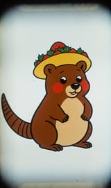 FLUX-00441-old grainy low quality 90s hanna-barbera drawn 2d cartoon screenshot. Australian brown color scheme round cheeks long tail small adorable quokka wearing taco hat.PNG