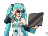 miku binoculars looking laptop computer