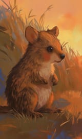 FLUX-00442-washiwisper_style Australian brown color scheme round cheeks long tail small adorable quokka in front of giant grass wall, sunrise in the background