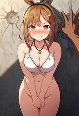 1girl, cleavage, kabedon, crater on wall, looking up, against wall, dark-skinned s-3667420048