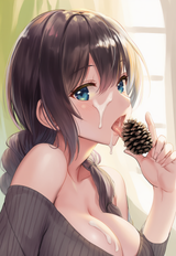 1girl, holding pinecone, licking pinecone, sexually suggestive, cum on face, lar s-1096552600