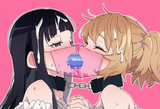 2girls, shared clothing, pink 2__shared see-through face mask__, kissing, portra s-2382872137