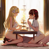 1boy, 2girls, nsfw, from side, profile, tea party, square table, indoors_artist_ s-136636245