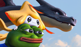 00100-jirachi, shiny_pokemon,((pepe_the_frog)), pepe the frog is holding jirachi, shiny charizard is standing next to pepe_the_frog, c