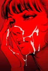 1girl,_portrait,_nisino2222,_hand_on_own_face,_cum_on_face,_cum_on_hand,_parted_lips,_teeth,_red_theme___lora_nisino2222-000012_