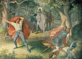 Julius_Schnorr_von_Carolsfeld_-_Hagen_killing_Siegfried_at_fountain_Hall_of_Nibelungens_-_(MeisterDrucke-1422256)
