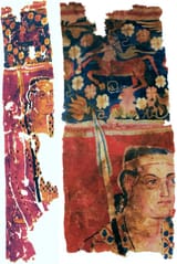 Unknown Artist (Greco-Bactrian or Eastern Iranic, 3rd Century B.C.-4th Century A.D., unearthed in 1984 at Sampul, in the Tarim Basin) Depiction of a Yuezhi warrior and a centaur - Wool tapestry