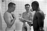Baltimore Colts Moore &amp; Berry-Dec7-1959(Paul Schutzer)1-Shower-Raymond Berry center &amp; Lenny Moore right