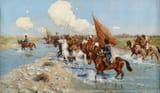 Franz Roubaud (1856-1928) Circassian horsemen crossing a river - Oil on Canvas