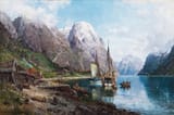Anders Askevold (1834-1900) Harbor in the Sognefjord - oil on canvas 1895