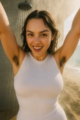 20250614_1004_Sunlit Beach Shower Selfie_remix_01jxqbz64vfent1a83b1sgpfwq