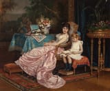 Auguste Toulmouche (1829-1890) A Mother and Daughter Reading - Oil on Canvas 1882