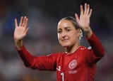 BRENTFORD-ENGLAND-JULY-08-Sanne-Troelsgaard-of-Denmark-acknowledges-the-fans-after-their-sides-defeat-during-the-UEFA-Women-s-Euro-2022-group-B-match-between-Germany-and-Denmark-at-Brentford-Community