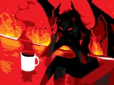 The Devil stares silently at a cup of coffee.
