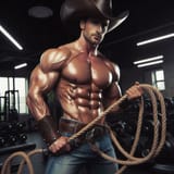 muscular cowboy with shirt off oily chest lassoing while lifting weightsOIG1.Yp