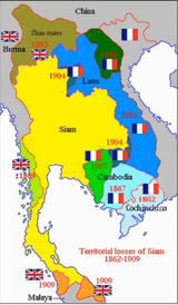 A historical map of Siam&#039;s (Thailand&#039;s) territorial losses between 1862 and 1909