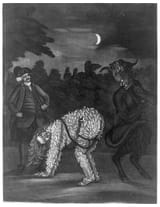 A_tarred_and_feathered_man_standing_on_hands_and_feet_with_a_rope_attached_to_upper_thighs_and_held_by_a_man_standing_at_left;_the_man_on_all_fours_looks_back_at_a_wild-eyed_devil_standing_LCCN2004673301